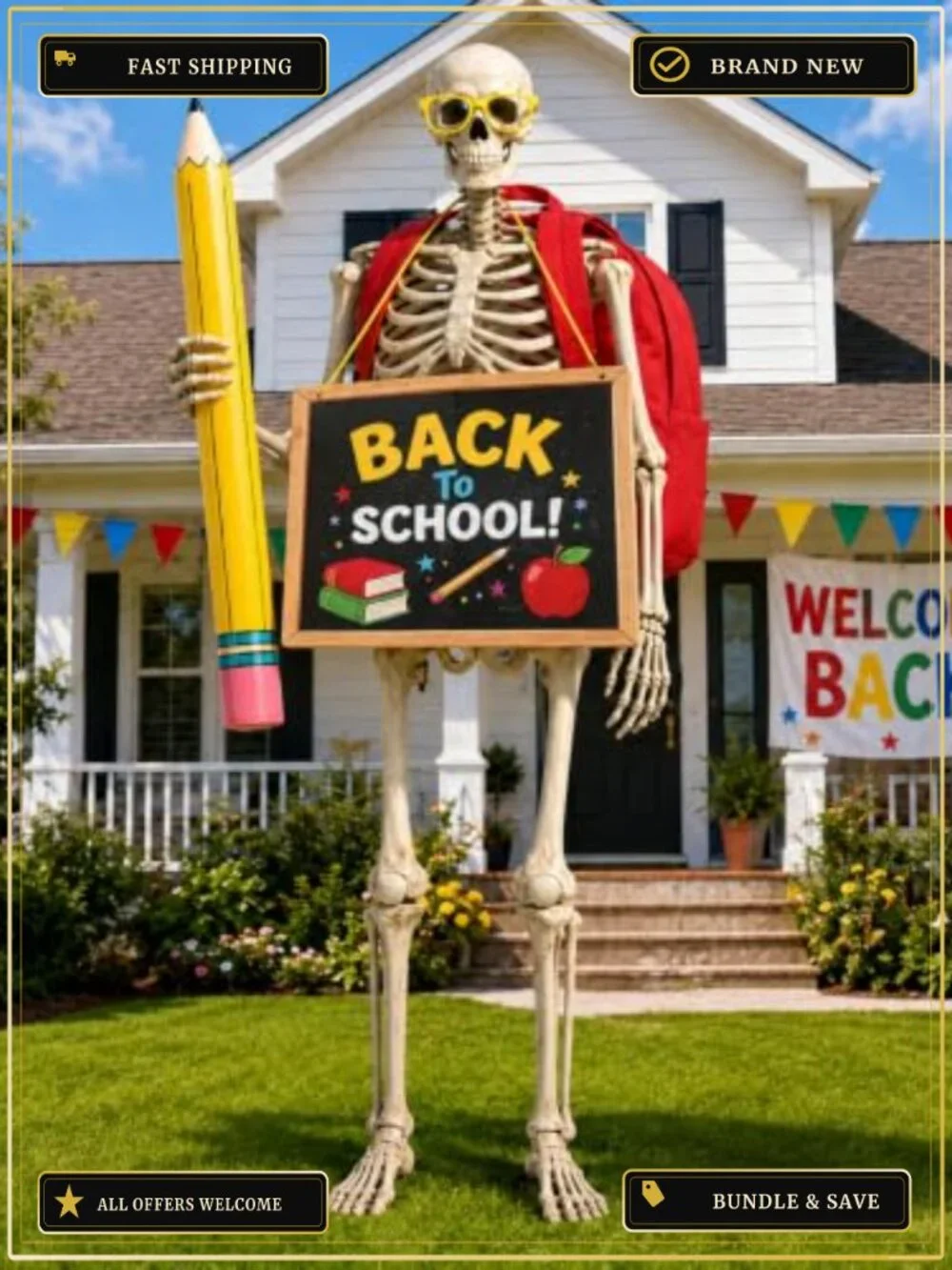 12FT Skeleton Back to School Outfit, Giant Halloween Costume Accessories with